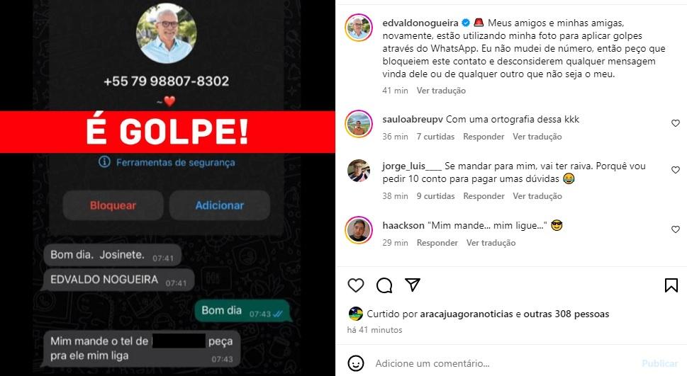 Criminosos utilizam foto do prefeito Edvaldo Nogueira em contato do WhatsApp para aplicar golpe