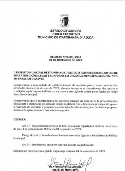 Itaporanga D`Duda decreta recesso de 20 dias nas repartições públicas