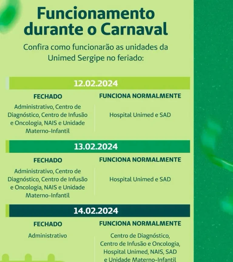 Confira o funcionamento da Unimed Sergipe no feriado de Carnaval